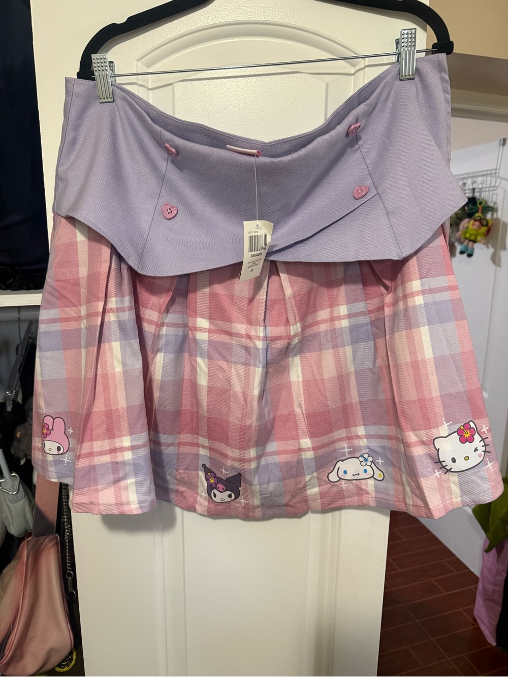 Hot Topic Pink and Lavender Plaid Mini Skirt with Sanrio characters